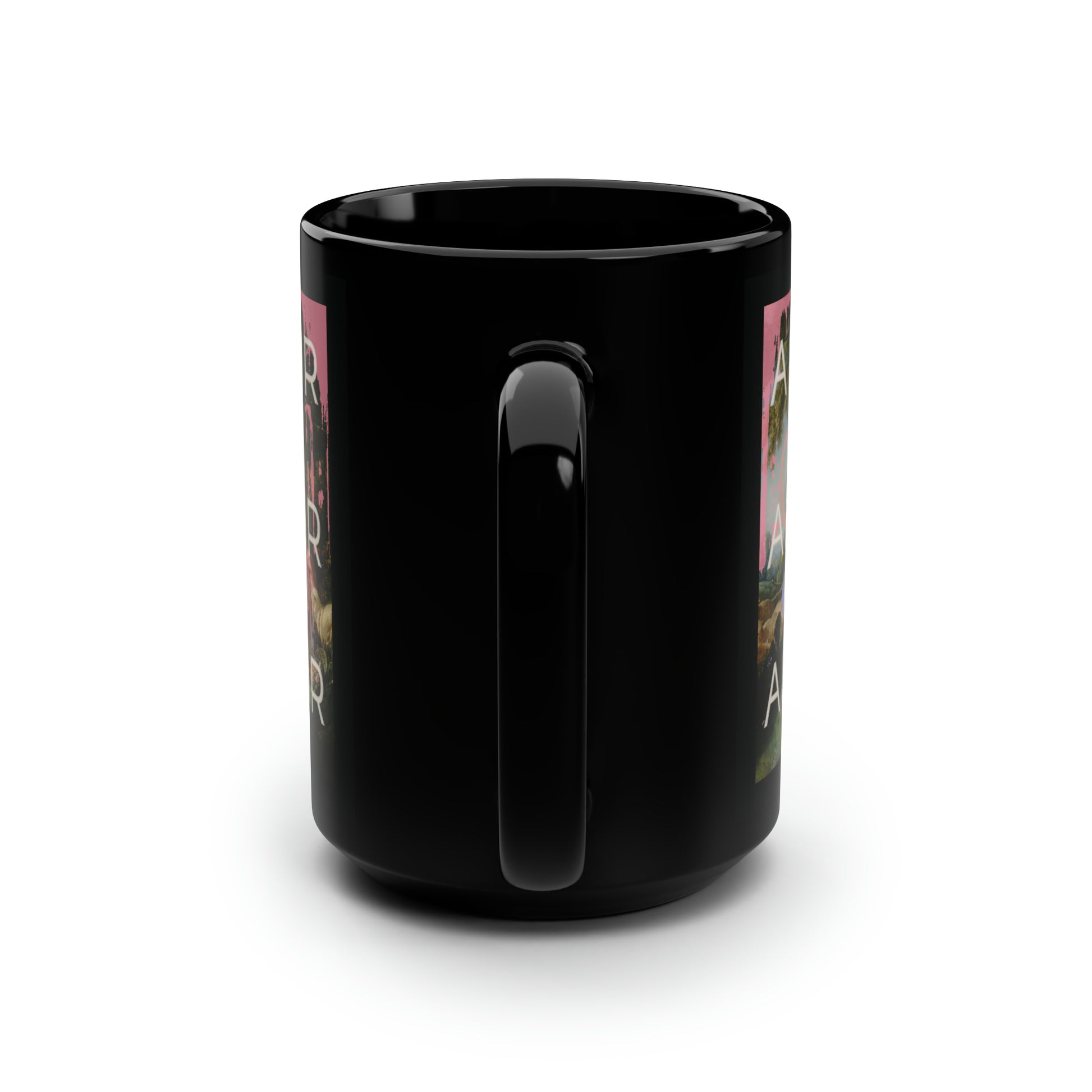 Black mug with the two graphics accommodating both a righty or lefty so the graphic faces out