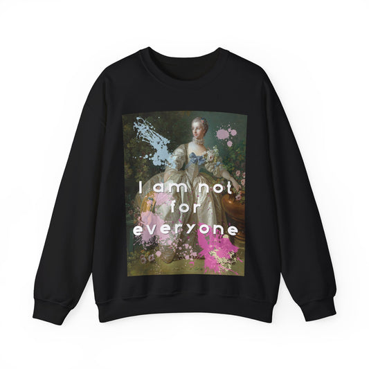 Cozy heavy-blend cotton and polyester Crewneck sweatshirt in black featuring and altered piece of classical art on the front. The altered piece is the original Madame Bergeret from 1766, a high society girl in a off-white voluminous dress surrounded by flowers. We have modernized the piece by adding bold and bright paint splashes in yellow, light blue, and hot pink and the phrase,” I am not for everyone”
