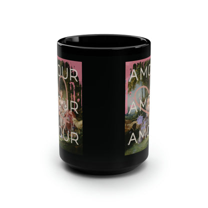 Black mug featuring two graphics of a bold LGBTQ reinterpretation of Boucher's 'The Love Letter': vibrant paint splashes surround women in affection, giant heart symbolizes universality. 'Amour' echoes inclusivity, affirming diverse love stories of pride.