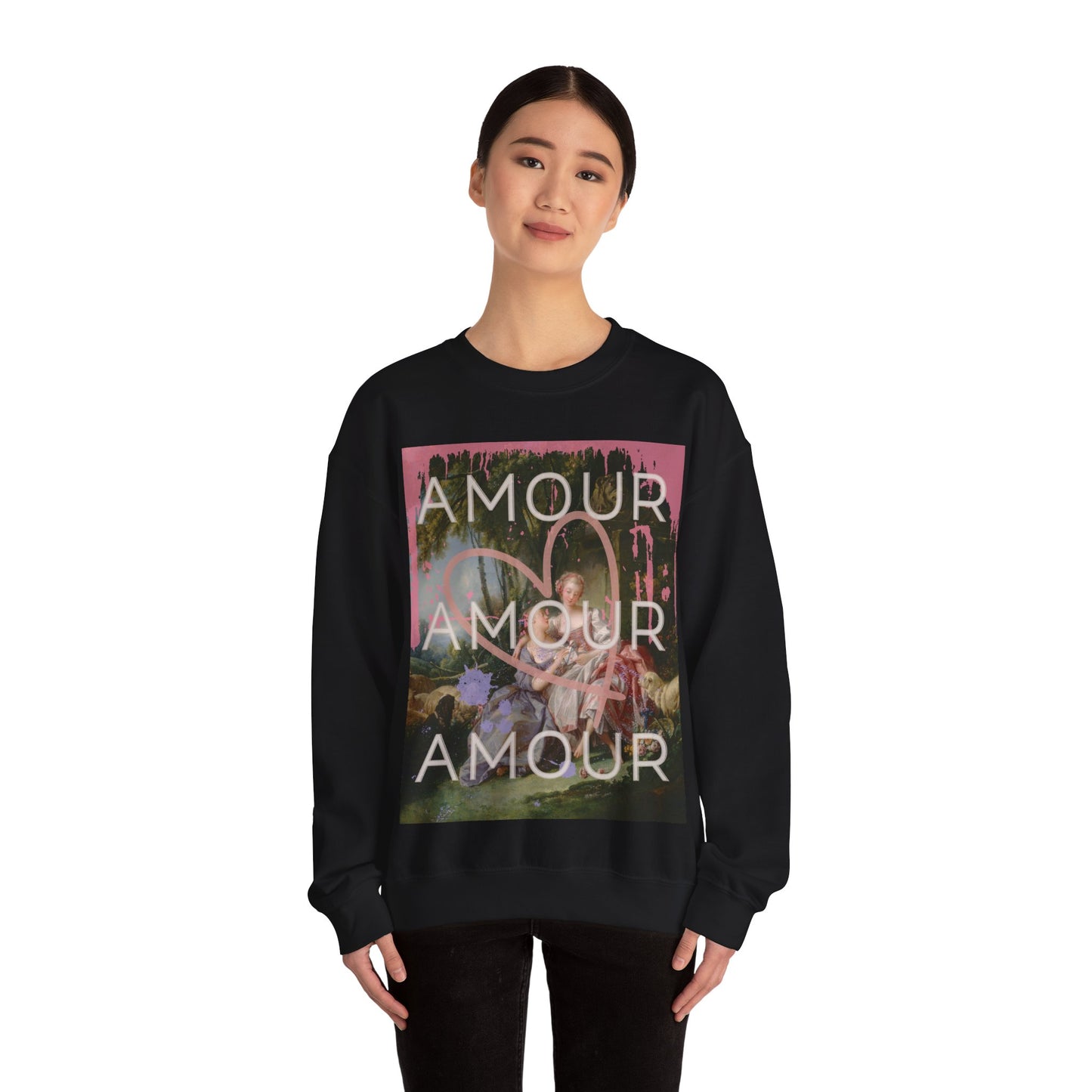 Black crewneck sweatshirt featuring a bold LGBTQ reinterpretation of Boucher's 'The Love Letter': vibrant paint splashes surround women in affection, giant heart symbolizes universality. 'Amour' echoes inclusivity, affirming diverse love stories of pride.