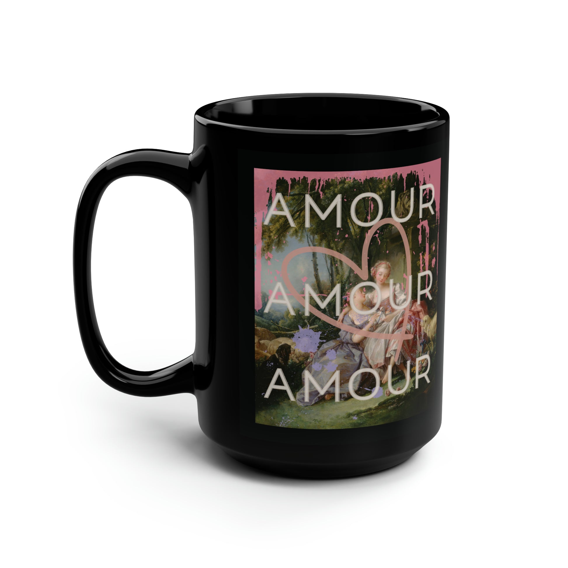 Black mug featuring two graphics of a bold LGBTQ reinterpretation of Boucher's 'The Love Letter': vibrant paint splashes surround women in affection, giant heart symbolizes universality. 'Amour' echoes inclusivity, affirming diverse love stories of pride.