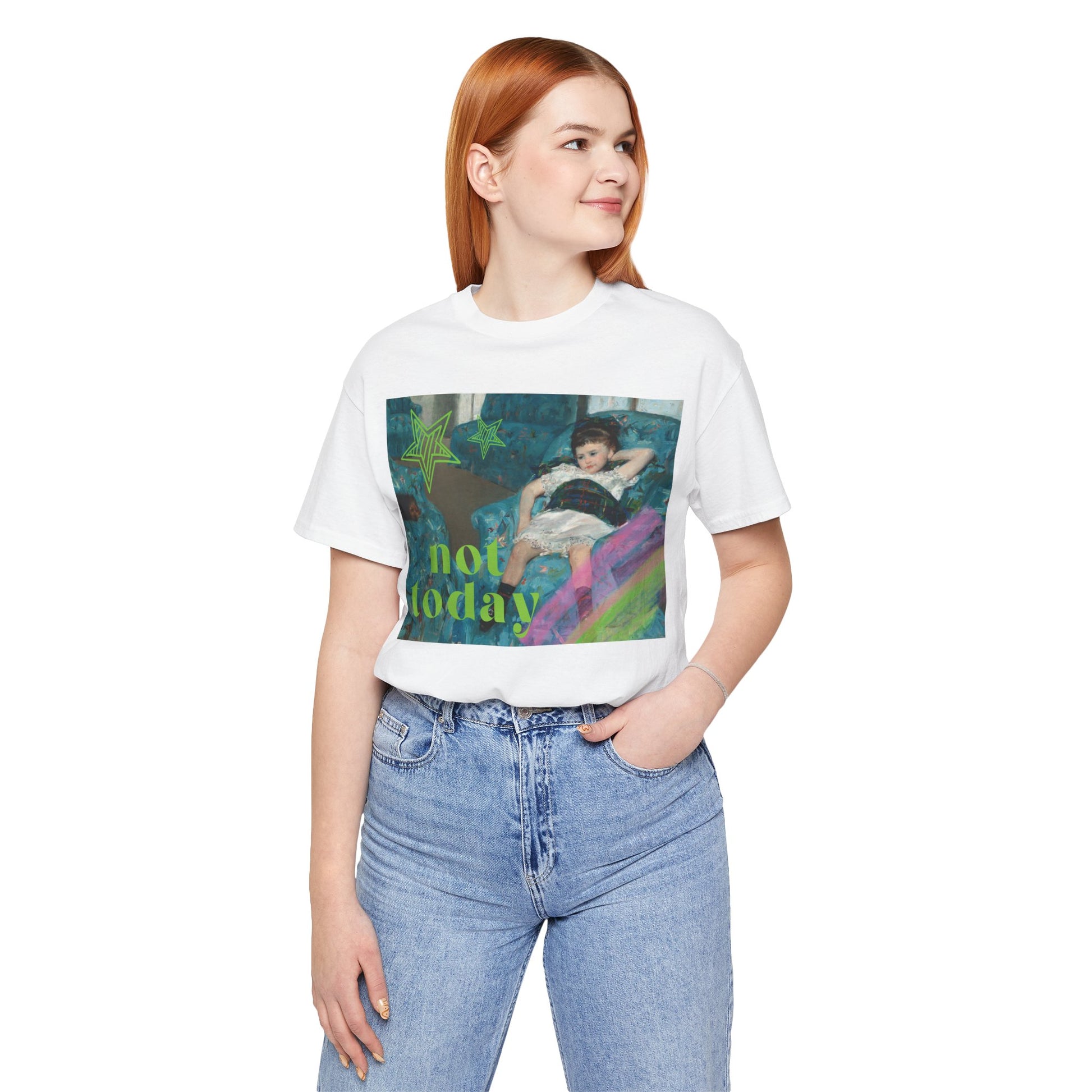 White soft jersey t-shirt featuring a bold altered piece of classical art: a reclining girl on a lounge chair overlaid with bold green graffiti stars and strokes of pink paint reading 'Not Today' in lime green.