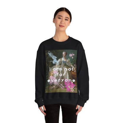 Lifestyle image of the cozy heavy-blend cotton and polyester Crewneck sweatshirt in black featuring and altered piece of classical art on the front. The altered piece is the original Madame Bergeret from 1766, a high society girl in a off-white voluminous dress surrounded by flowers. We have modernized the piece by adding bold and bright paint splashes in yellow, light blue, and hot pink and the phrase,” I am not for everyone”