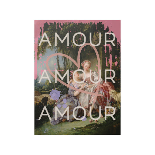 Image of satin poster featuring a bold LGBTQ reinterpretation of Boucher's 'The Love Letter': vibrant paint splashes surround women in affection, giant heart symbolizes universality. 'Amour' echoes inclusivity, affirming diverse love stories of pride.
