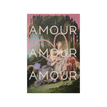 Image of satin poster featuring a bold LGBTQ reinterpretation of Boucher's 'The Love Letter': vibrant paint splashes surround women in affection, giant heart symbolizes universality. 'Amour' echoes inclusivity, affirming diverse love stories of pride.