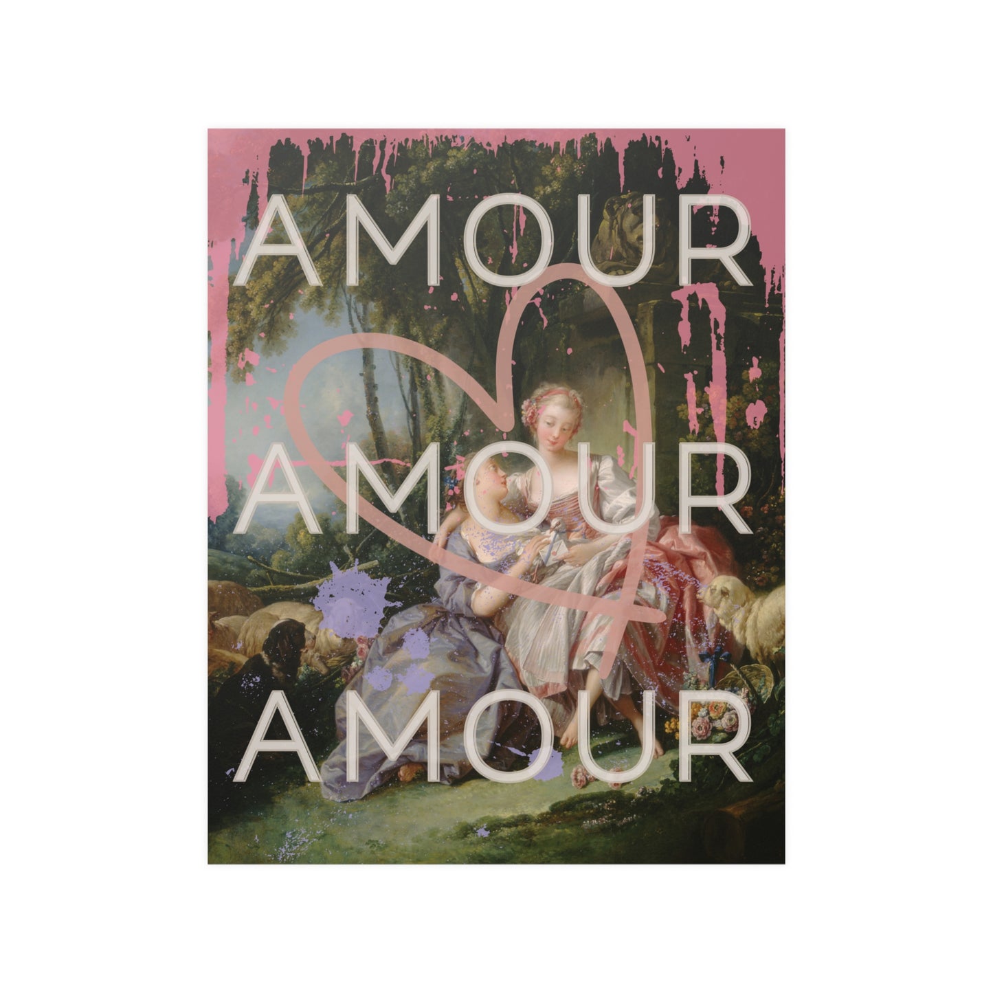 Image of satin poster featuring a bold LGBTQ reinterpretation of Boucher's 'The Love Letter': vibrant paint splashes surround women in affection, giant heart symbolizes universality. 'Amour' echoes inclusivity, affirming diverse love stories of pride.