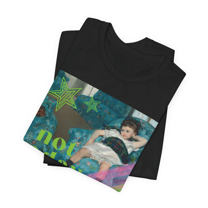 Folded black soft jersey t-shirt featuring a bold altered piece of classical art: a reclining girl on a lounge chair overlaid with bold green graffiti stars and strokes of pink paint reading 'Not Today' in lime green.