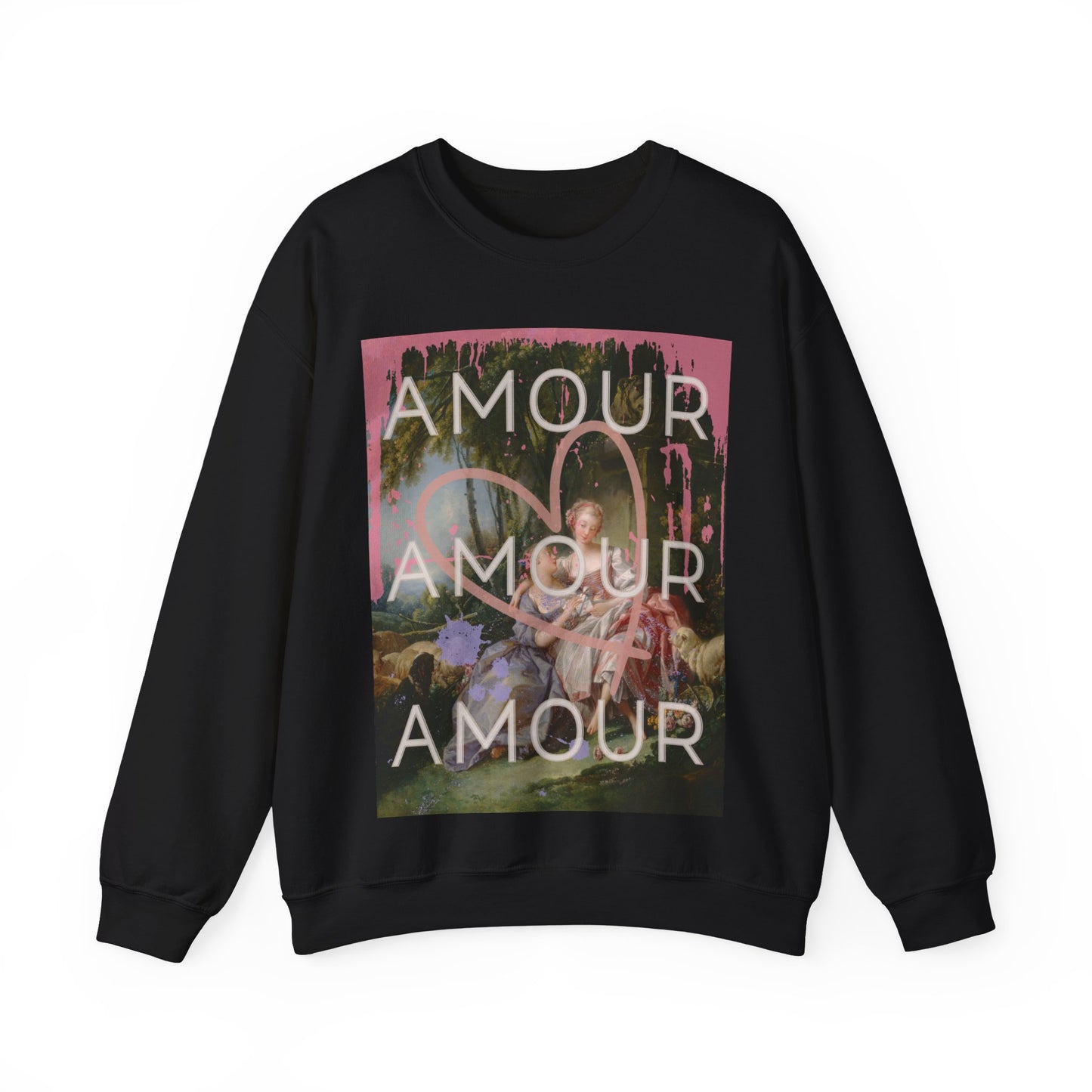 Black crewneck sweatshirt featuring a bold LGBTQ reinterpretation of Boucher's 'The Love Letter': vibrant paint splashes surround women in affection, giant heart symbolizes universality. 'Amour' echoes inclusivity, affirming diverse love stories of pride.