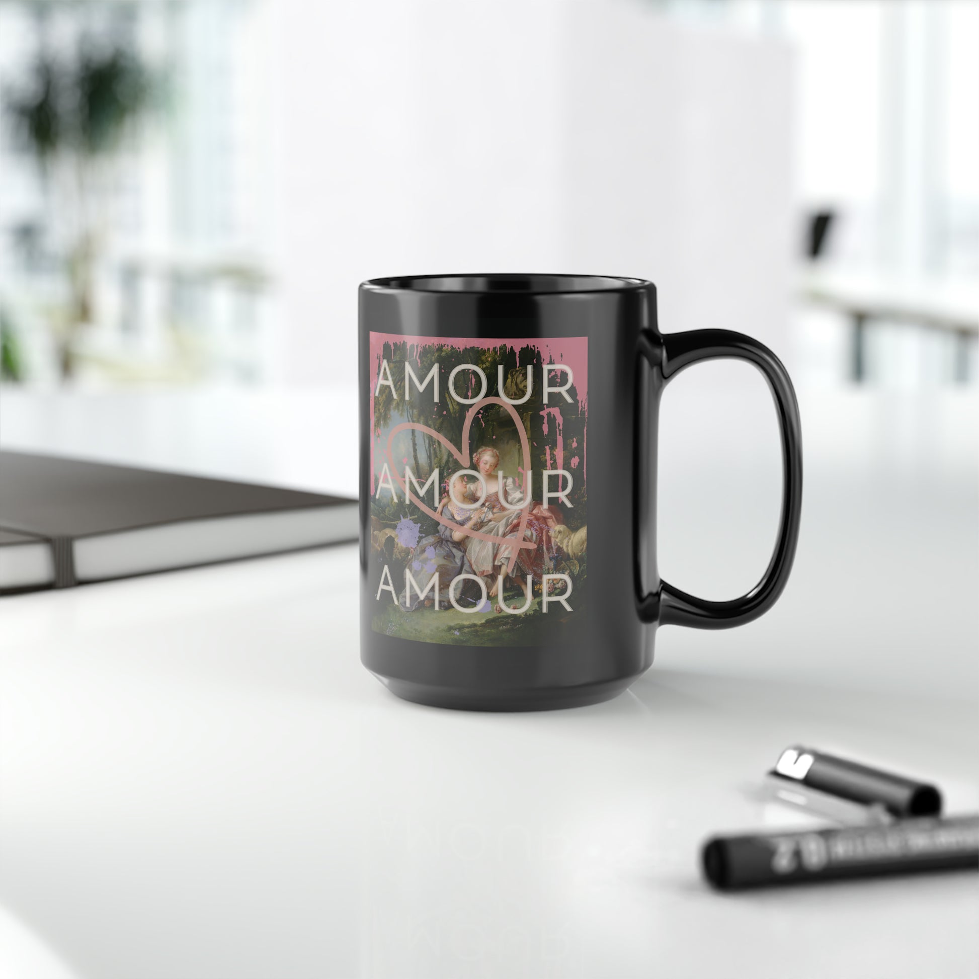 Black mug featuring a bold LGBTQ reinterpretation of Boucher's 'The Love Letter': vibrant paint splashes surround women in affection, giant heart symbolizes universality. 'Amour' echoes inclusivity, affirming diverse love stories of pride.