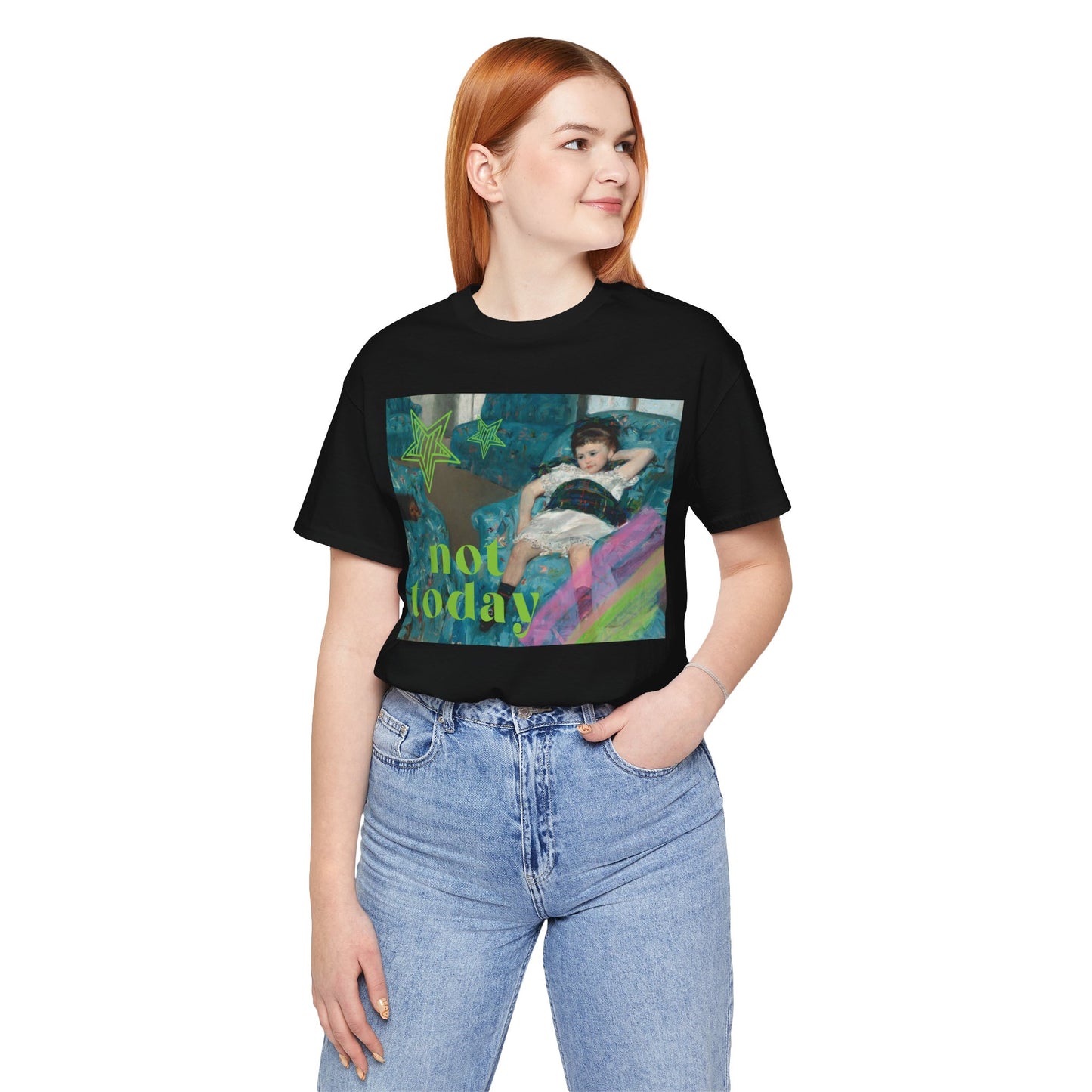 Black soft jersey t-shirt featuring a bold altered piece of classical art: a reclining girl on a lounge chair overlaid with bold green graffiti stars and strokes of pink paint reading 'Not Today' in lime green.