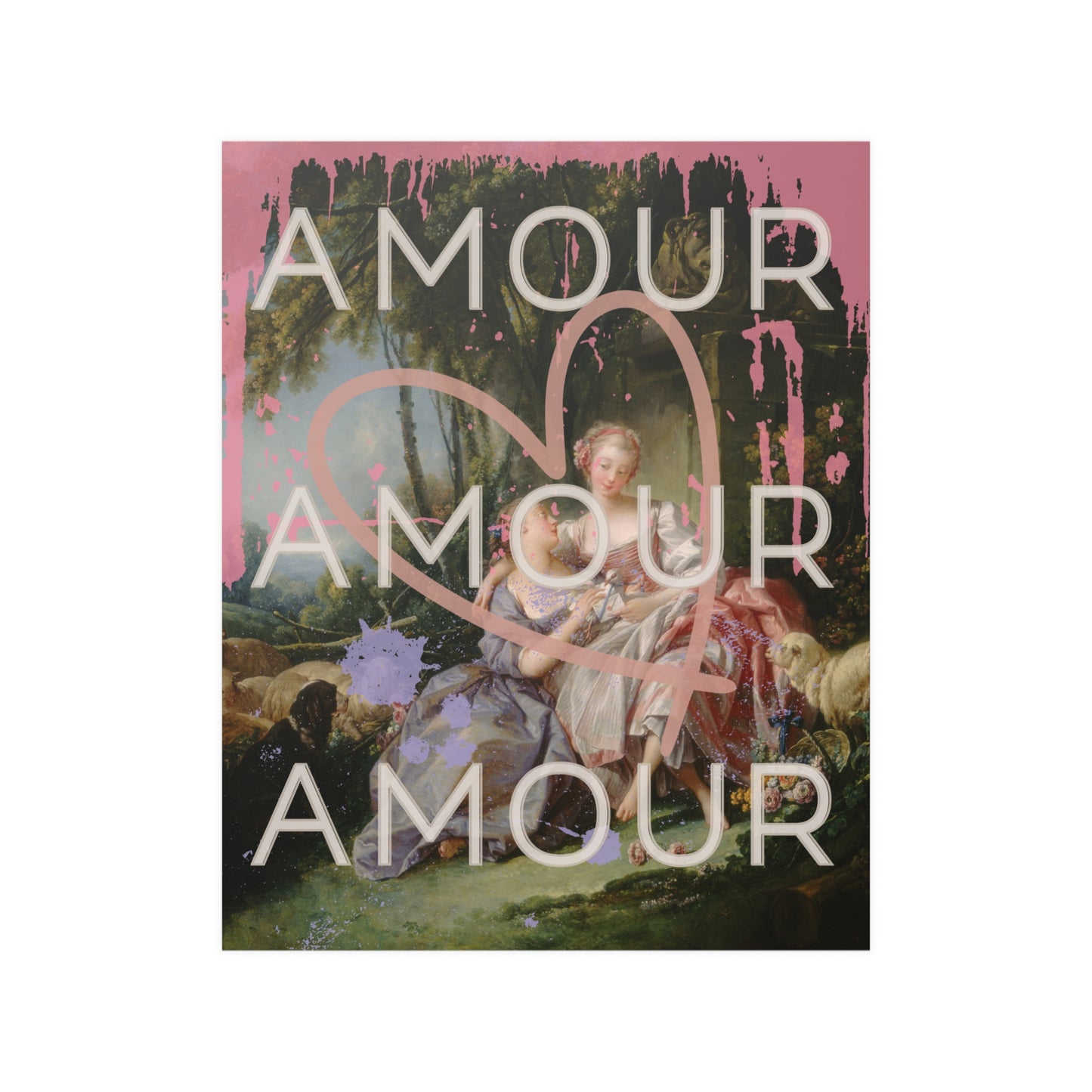 Image of satin poster featuring a bold LGBTQ reinterpretation of Boucher's 'The Love Letter': vibrant paint splashes surround women in affection, giant heart symbolizes universality. 'Amour' echoes inclusivity, affirming diverse love stories of pride.