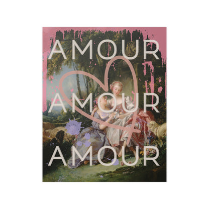 Image of satin poster featuring a bold LGBTQ reinterpretation of Boucher's 'The Love Letter': vibrant paint splashes surround women in affection, giant heart symbolizes universality. 'Amour' echoes inclusivity, affirming diverse love stories of pride.