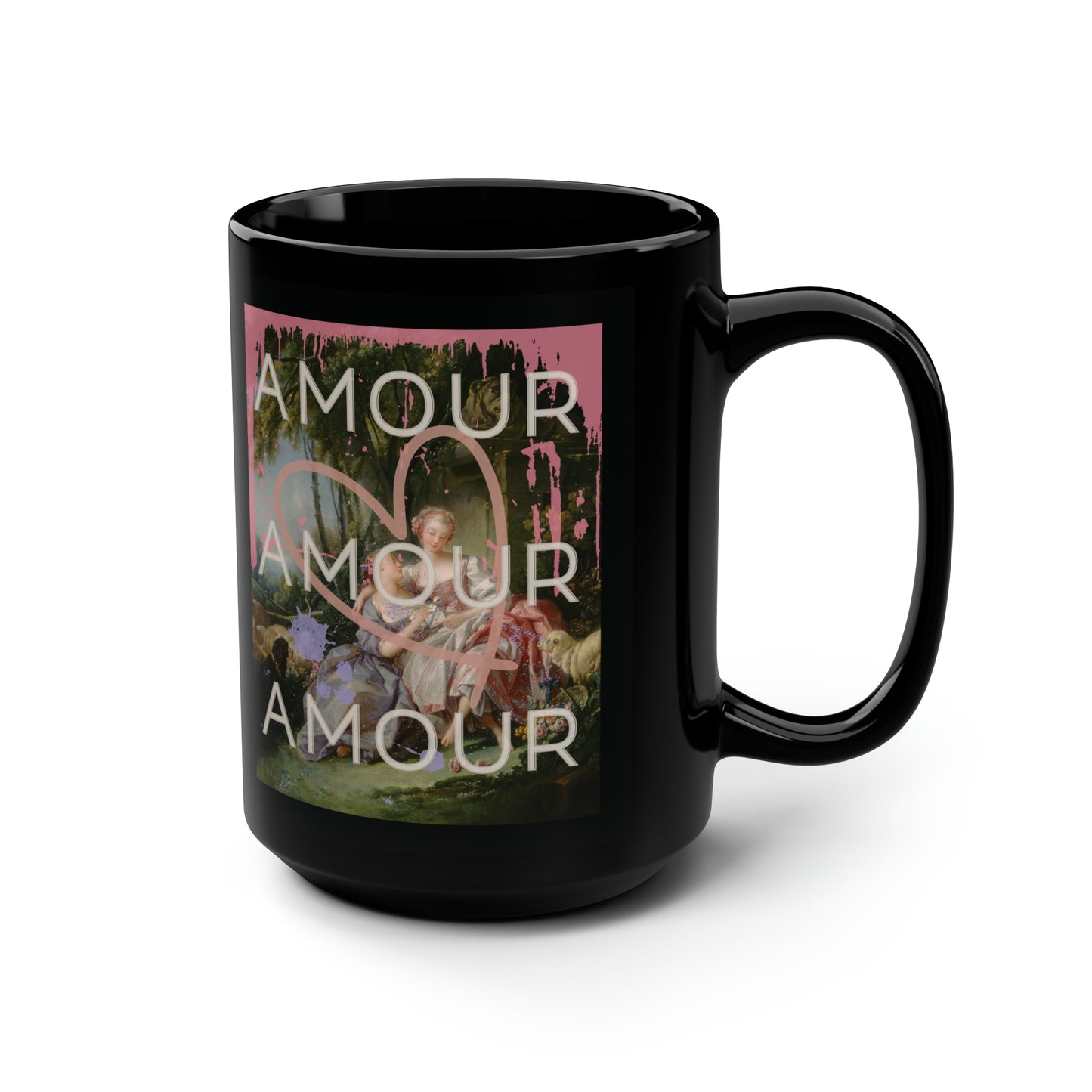 Black mug featuring two graphics of a bold LGBTQ reinterpretation of Boucher's 'The Love Letter': vibrant paint splashes surround women in affection, giant heart symbolizes universality. 'Amour' echoes inclusivity, affirming diverse love stories of pride.