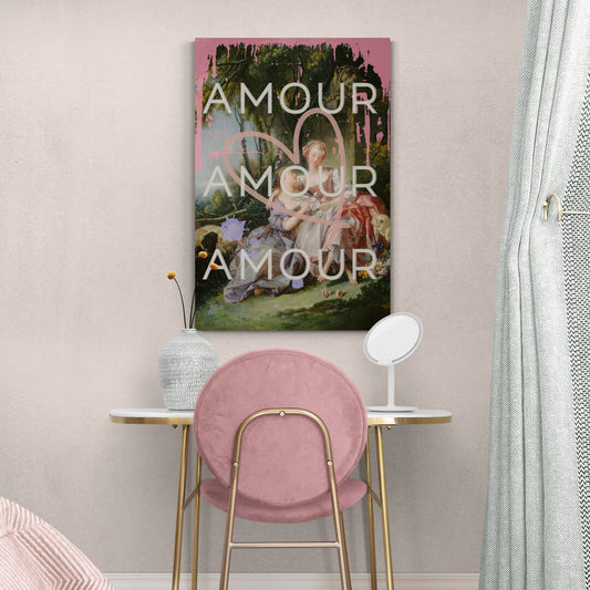 Lifestyle images of canvas art featuring a bold LGBTQ reinterpretation of Boucher's 'The Love Letter': vibrant paint splashes surround women in affection, giant heart symbolizes universality. 'Amour' echoes inclusivity, affirming diverse love stories of pride.