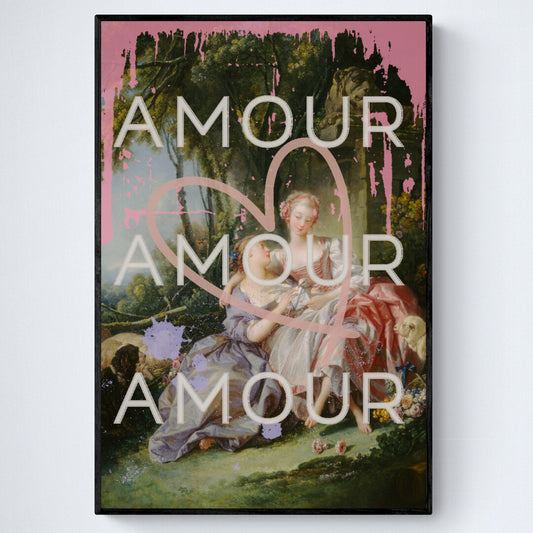 Image of art in black frame featuring a bold LGBTQ reinterpretation of Boucher's 'The Love Letter': vibrant paint splashes surround women in affection, giant heart symbolizes universality. 'Amour' echoes inclusivity, affirming diverse love stories of pride.